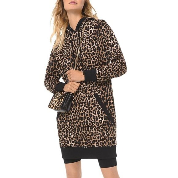 Michael Michael Kors Hoodie Dress Leopard Print Long Sleeve Pockets - Picture 1 of 8